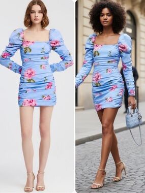 Caroline Constas Maxine Blue Floral Ruched Puff Sleeve Mini Dress NWT $495